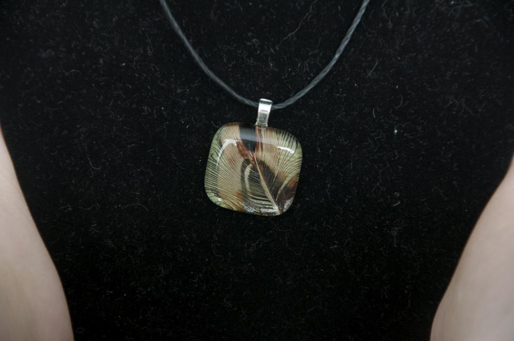 Green and Brown Feather Pendant on Black Cord