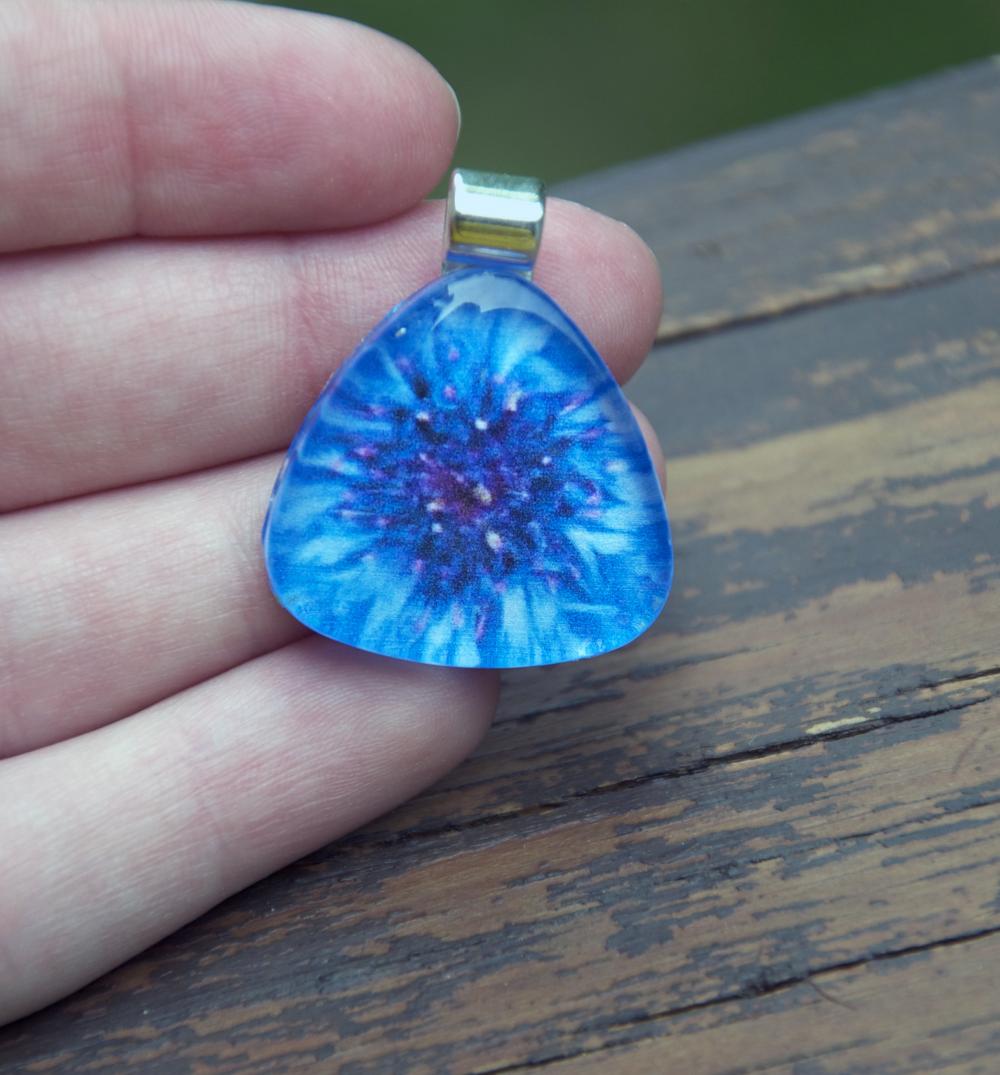 Blue Flower Burst Pendant on Black Cord 
