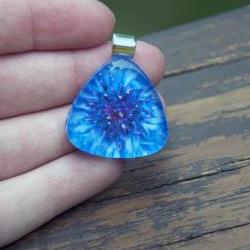 Blue Flower Burst Pendant on Black Cord 